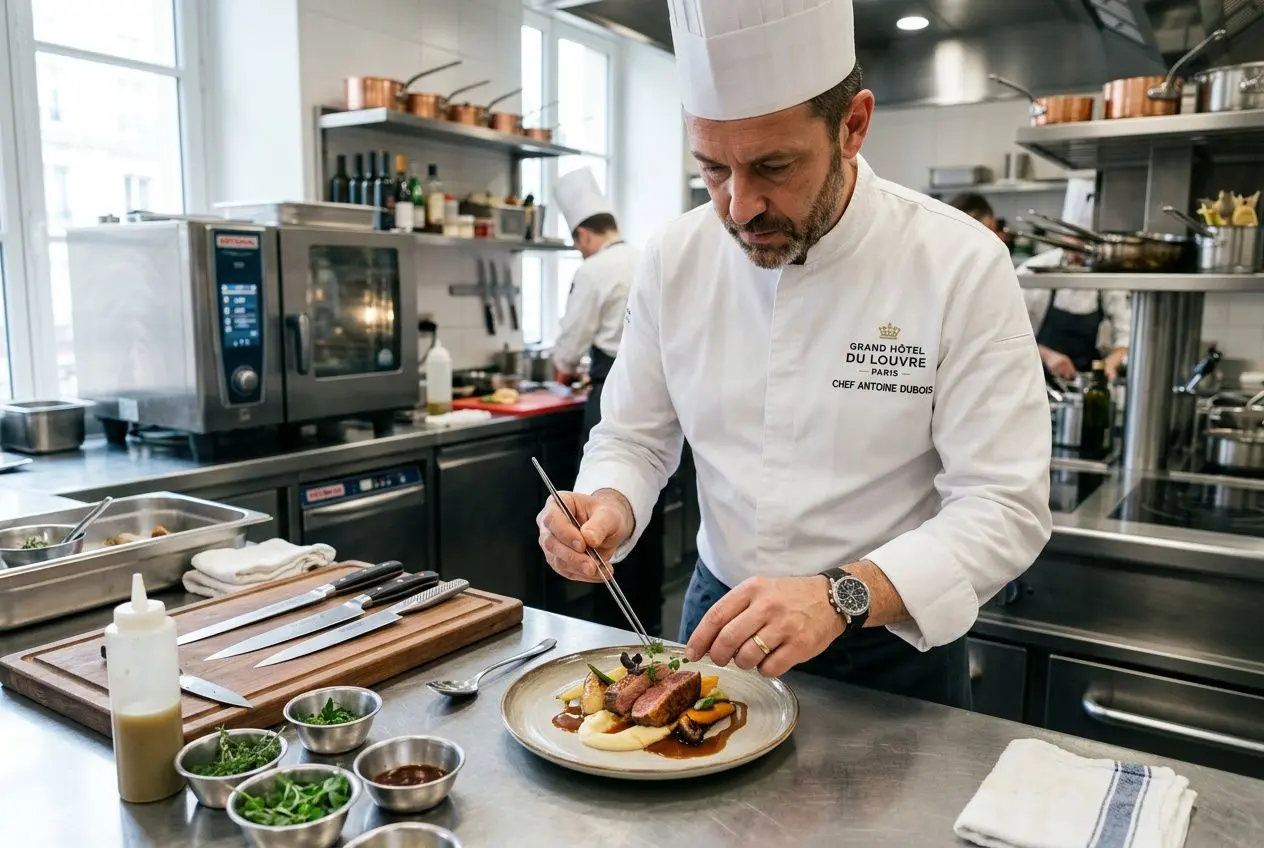 Chef en cuisine perfectionnant un plat dans une cuisine professionnelle, prêt à servir. agence intérim hôtellerie restauration intégrée.