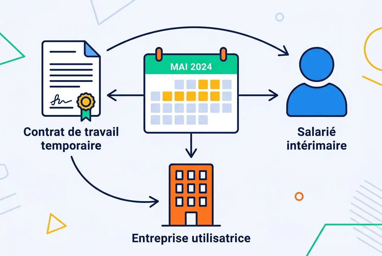 Contrat de travail temporaire illustré: un schéma montrant une mission en intérim avec un salarié, une entreprise utilisatrice et un calendrier mai 2024.