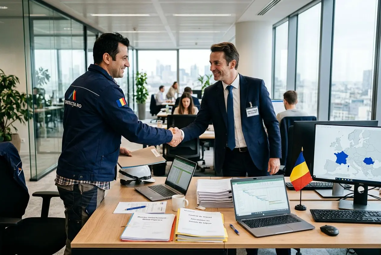 Deux professionnels se serrant la main dans un bureau moderne, avec documents, ordinateurs et drapeaux sur le poste de travail, signe de détachement de travailleurs et de collaboration internationale.