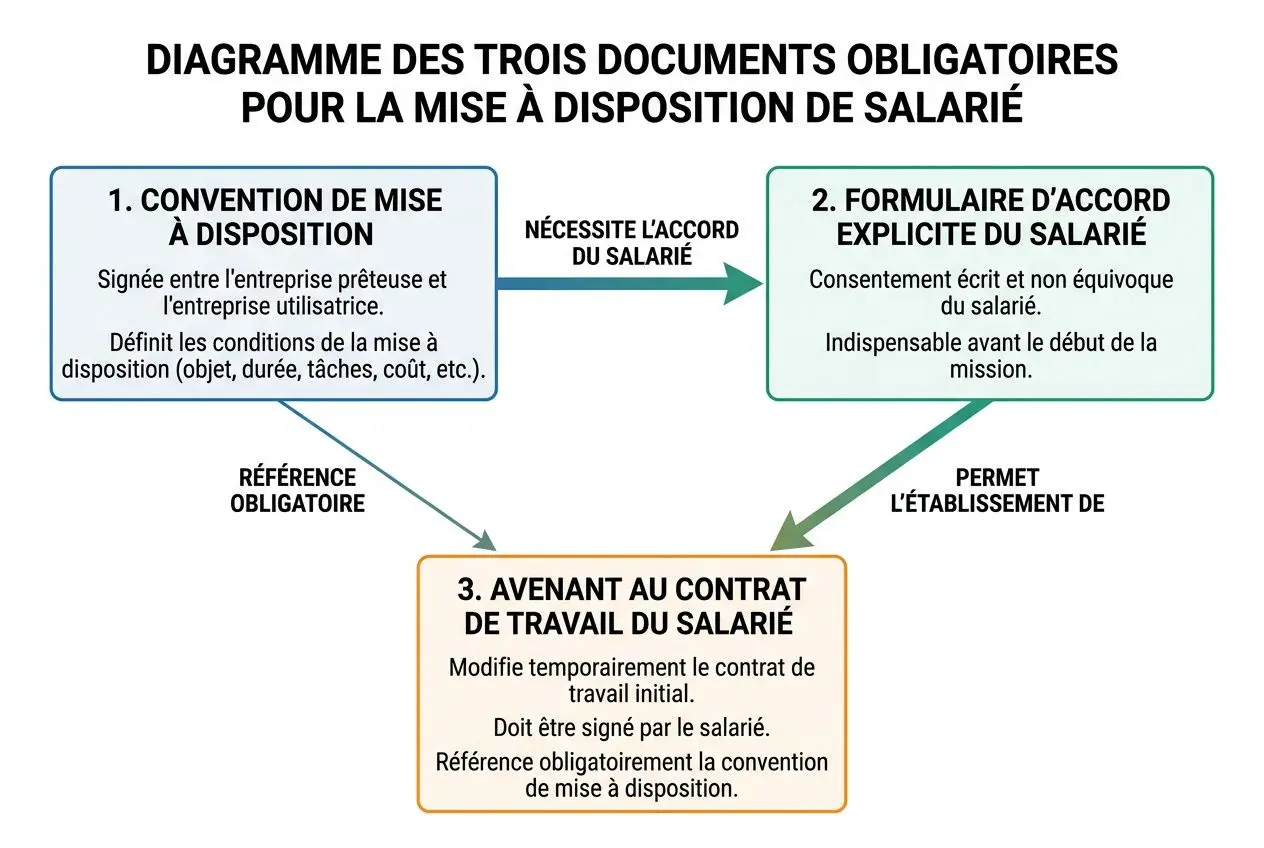 Diagramme illustrant les trois documents obligatoires pour la mise à disposition de salarié, avec conventions, accord explicite et avenant au contrat.