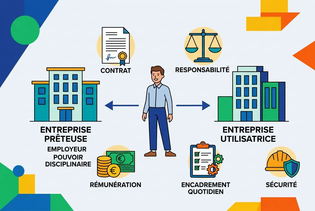 Diagramme sur la mise à disposition de personnel: contrat, responsabilité et encadrement, avec l’entreprise prêteuse et l’entreprise utilisatrice.