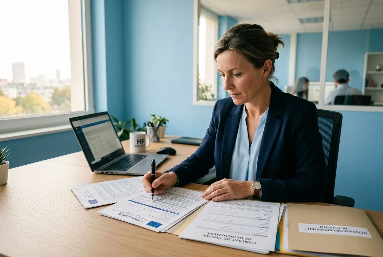 Femme d’affaires signant des documents sur un bureau, avec un ordinateur portable et des dossiers, dans un cadre de bureau. recrutement travailleurs détachés.