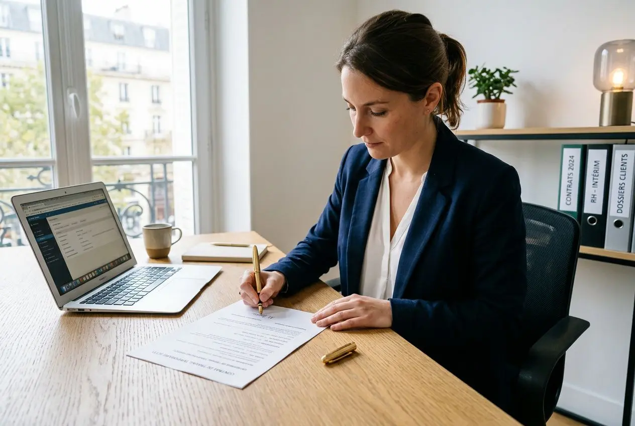 Femme en tenue professionnelle signe un contrat sur papier à côté d’un ordinateur portable, dans un bureau lumineux. contrat de travail temporaire durée maximum inclus.