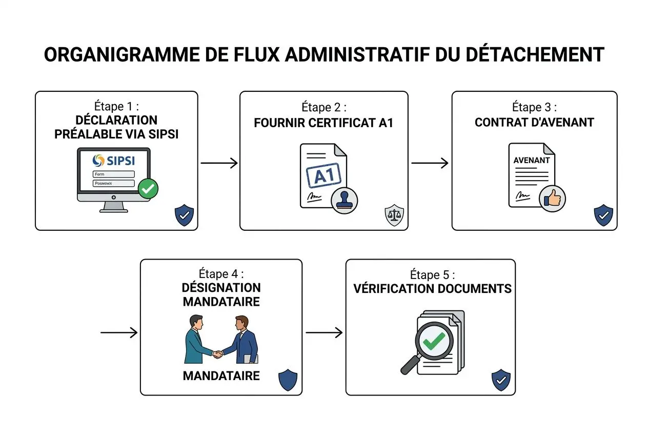 Organigramme de flux administratif du détachement: étapes de déclaration, certificat A1, contrat d’avenant, désignation mandataire et vérification documents. Détachement de travailleurs.