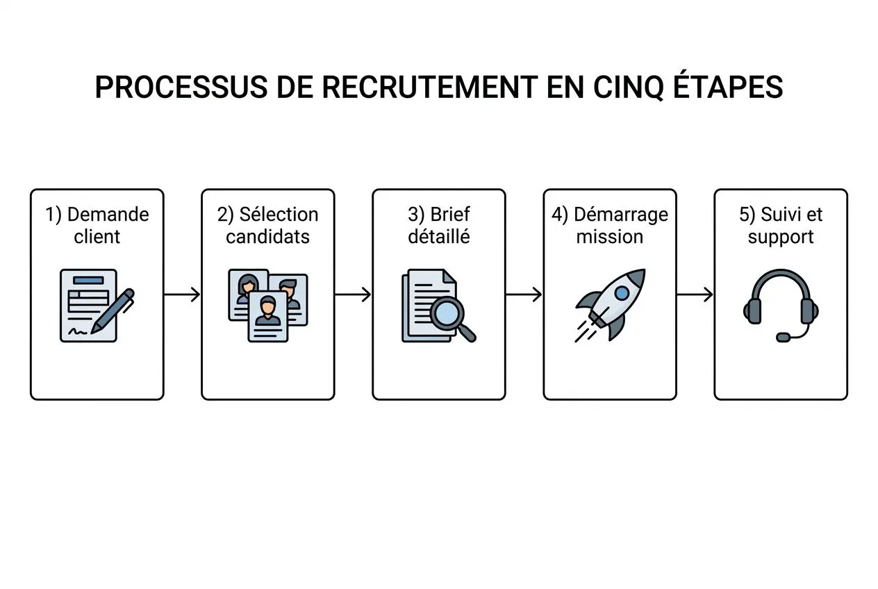 Processus de recrutement en cinq étapes pour une agence intérim hôtellerie restauration: demande, sélection, brief détaillé, démarrage, suivi et support.