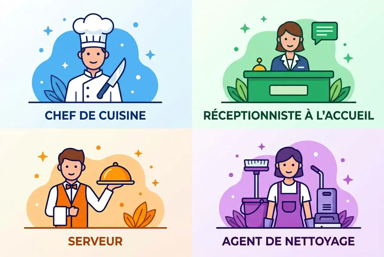 Quatre illustrations représentant les métiers hôtellerie et restauration: chef de cuisine, réceptionniste à l’accueil, serveur et agent de nettoyage. agence intérim hôtellerie restauration