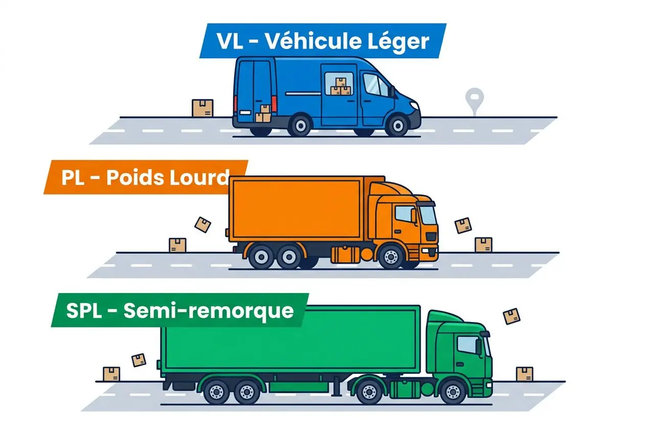 Affiche illustration de trois camions de transport: VL véhicule léger bleu, PL poids lourds orange, SPL semi-remorque vert, sur une route avec des colis autour.