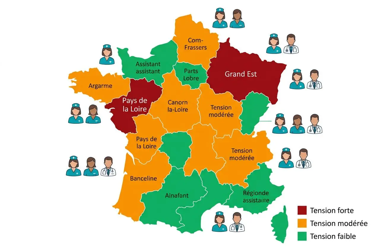 Carte de France indiquant les zones de tension du personnel soignant par région: tension forte (rouge), tension modérée (orange) et tension faible (verte), avec icônes d’agents de santé.