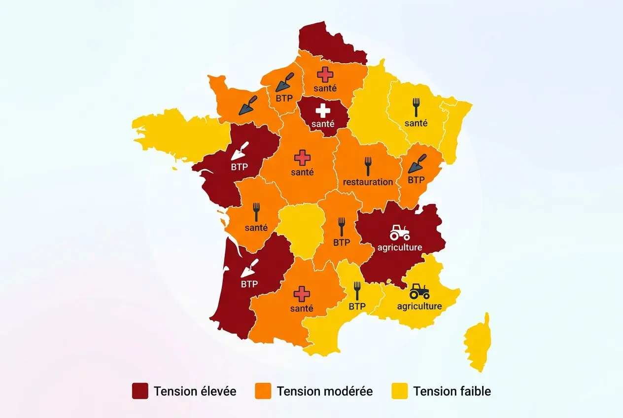 Carte de la France sur les métiers en tension pour la régularisation 2026 selon les régions (tension élevée/ moyenne/faible).