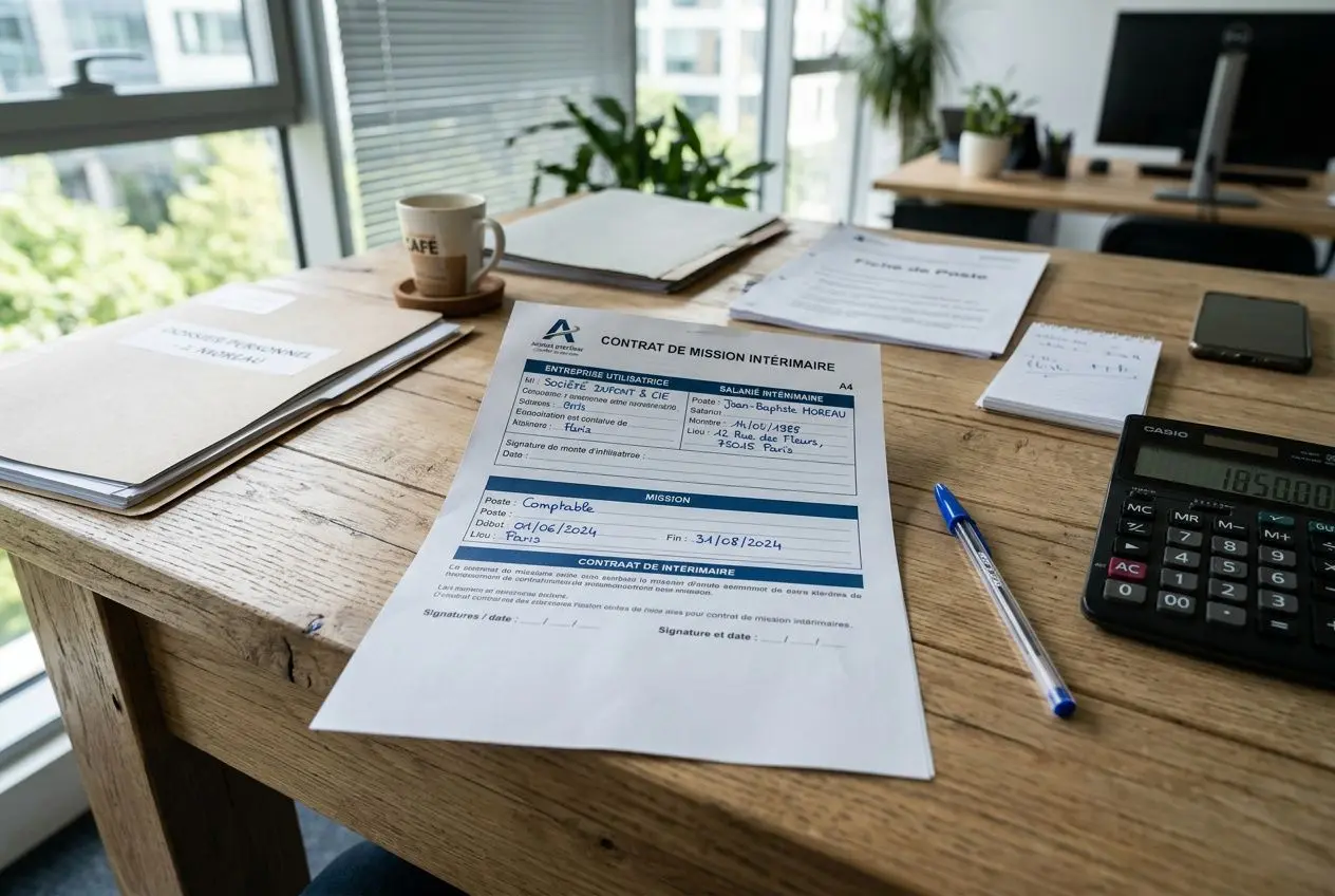 Contrat de mission intérimaire sur un bureau, avec calculatrice, stylo et documents, symbole des droits travailleur intérimaire france.