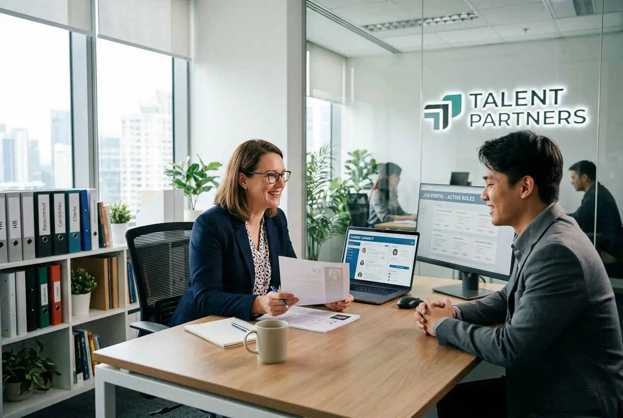 Deux professionnels en entretien dans un bureau, discussion autour de documents et d’un ordinateur, logo Talent Partners en arrière-plan. Intègre naturellement le sujet: "comment trouver du travail en intérim rapidement" en parlant d’un rendez-vous pro pour accélérer une recherche d’intérim.