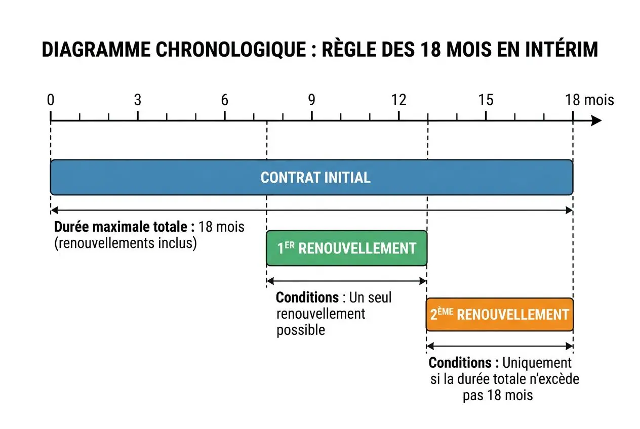 Diagramme chronologique du contrat initial d’intérim montrant les renouvellements: 1er et 2e renouvellement avec conditions liées à la durée totale et à la possibilité de prolongation dans le cadre d’un contrat de travail temporaire intérim.