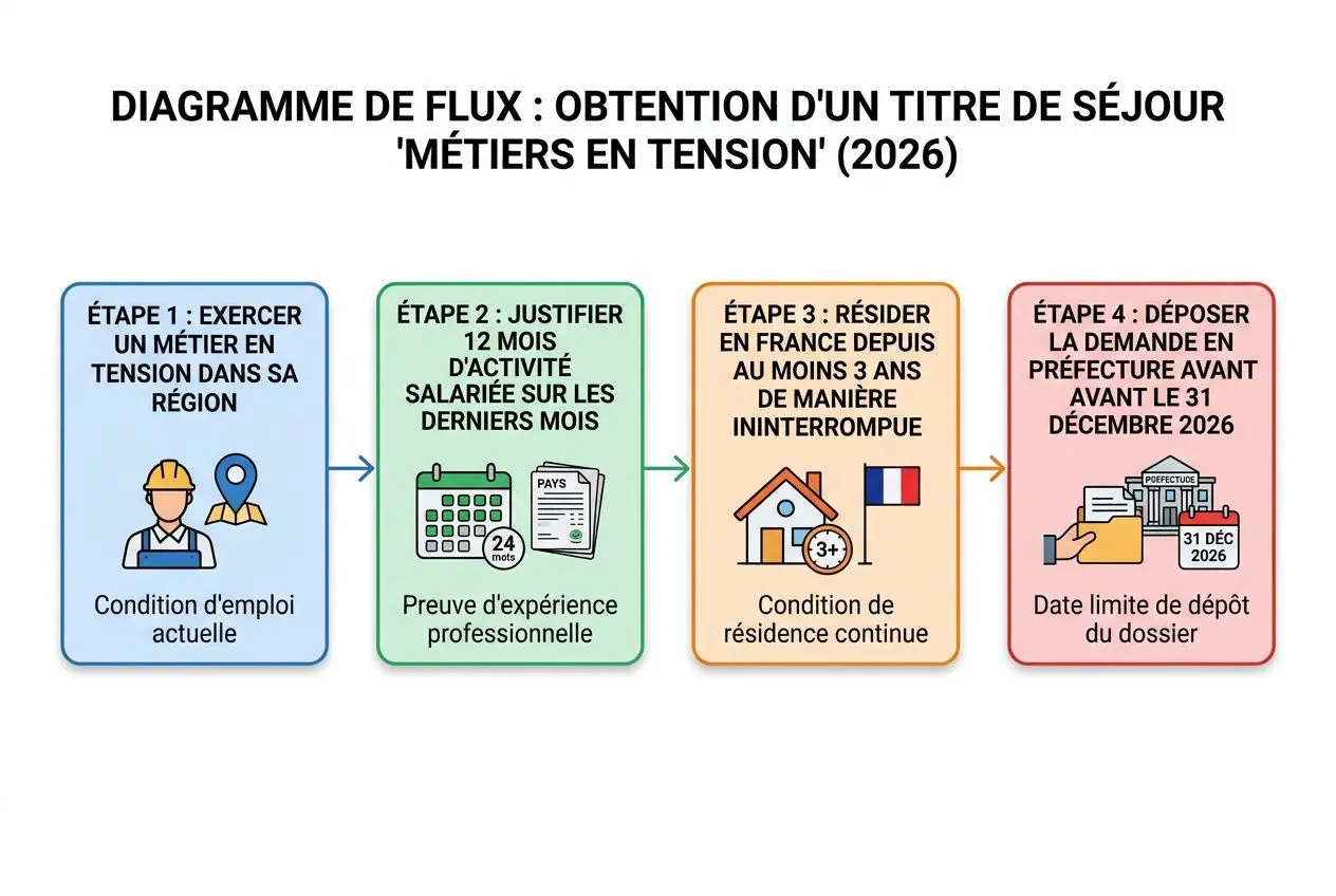 Diagramme décrivant les “métiers en tension” pour la régularisation 2026, étape par étape, avec conditions d’emploi, justificatifs et date limite de dépôt.