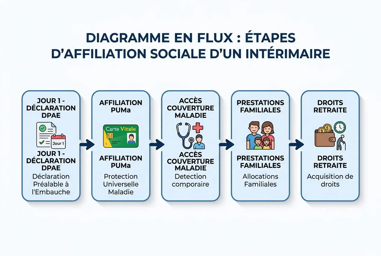 Diagramme en flux montrant les étapes d’affiliation sociale d’un intérimaire: déclaration DPAE, affiliation PUMA, accès couverture maladie, prestations familiales et droits retraite. Intégration des “droits travailleur intérimaire france”.