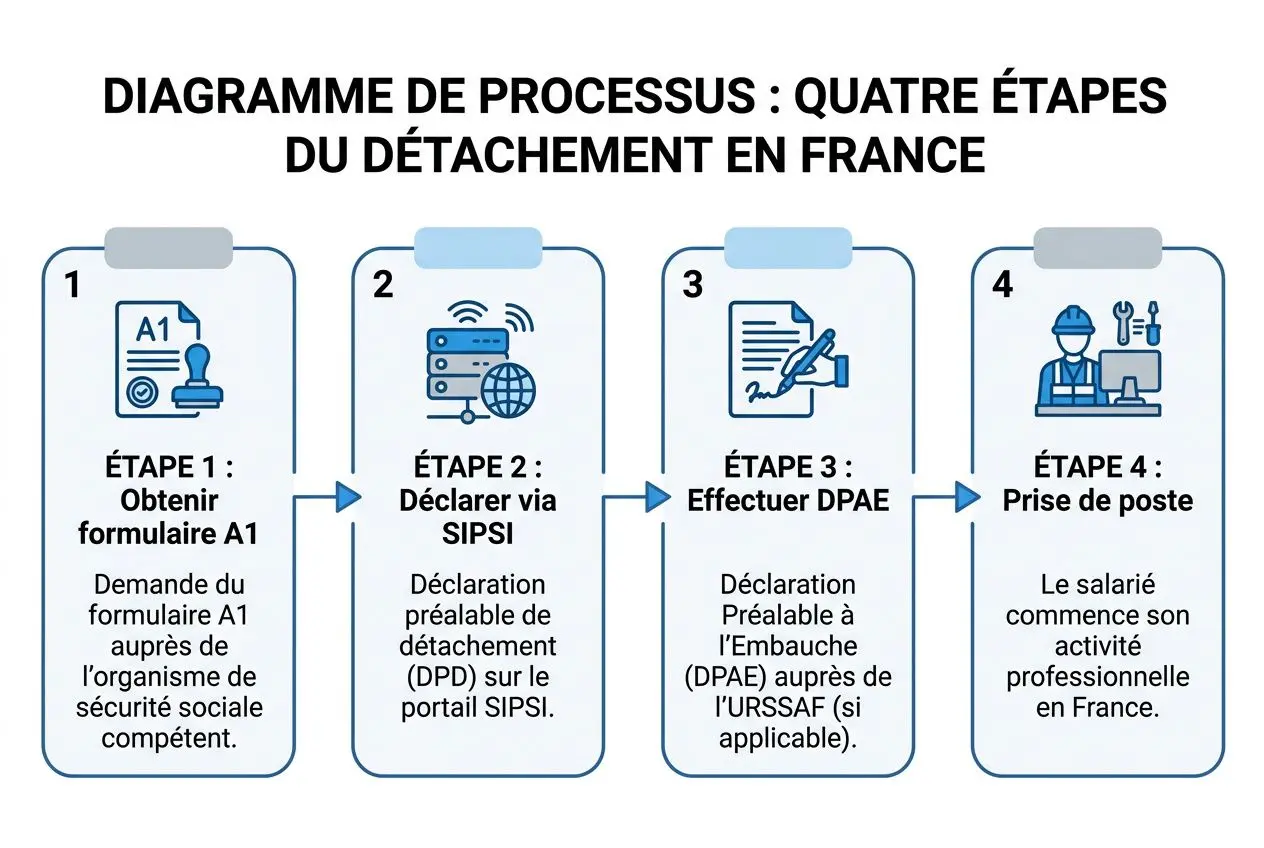 Diagramme de processus: quatre étapes du détachement en France, avec formulaire A1, déclaration via SIPSI, DPAE et prise de poste du salarié. Texte en français. Mot-clé intégré: embaucher légalement un travailleur roumain en france.