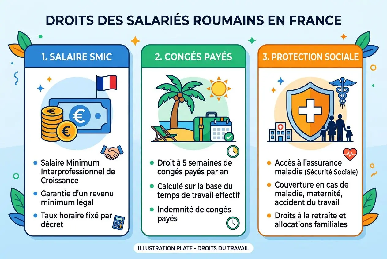 Droits des salariés roumains en France : illustration des avantages et protections, incluant SMIC, congés payés et protection sociale. embaucher légalement un travailleur roumain en france.