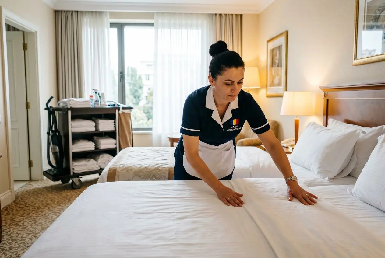 Femme de chambre intérimaire roumaine en France en train de nettoyer un lit dans une chambre d’hôtel.