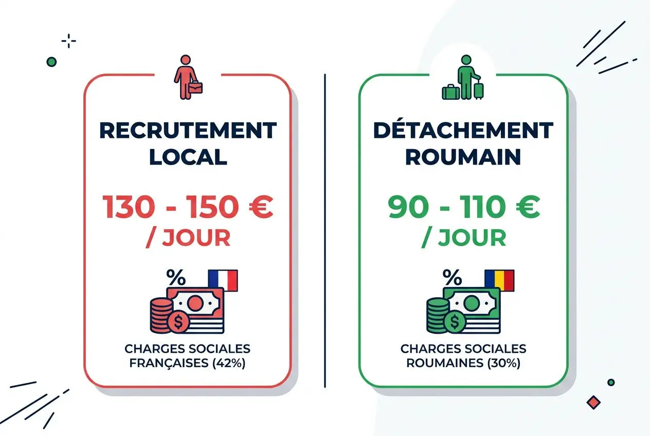 Femme de ménage intérimaire roumaine en france : recrutement - affiches comparant recrutement local et détachement roumain avec tarifs journaliers et charges associées.