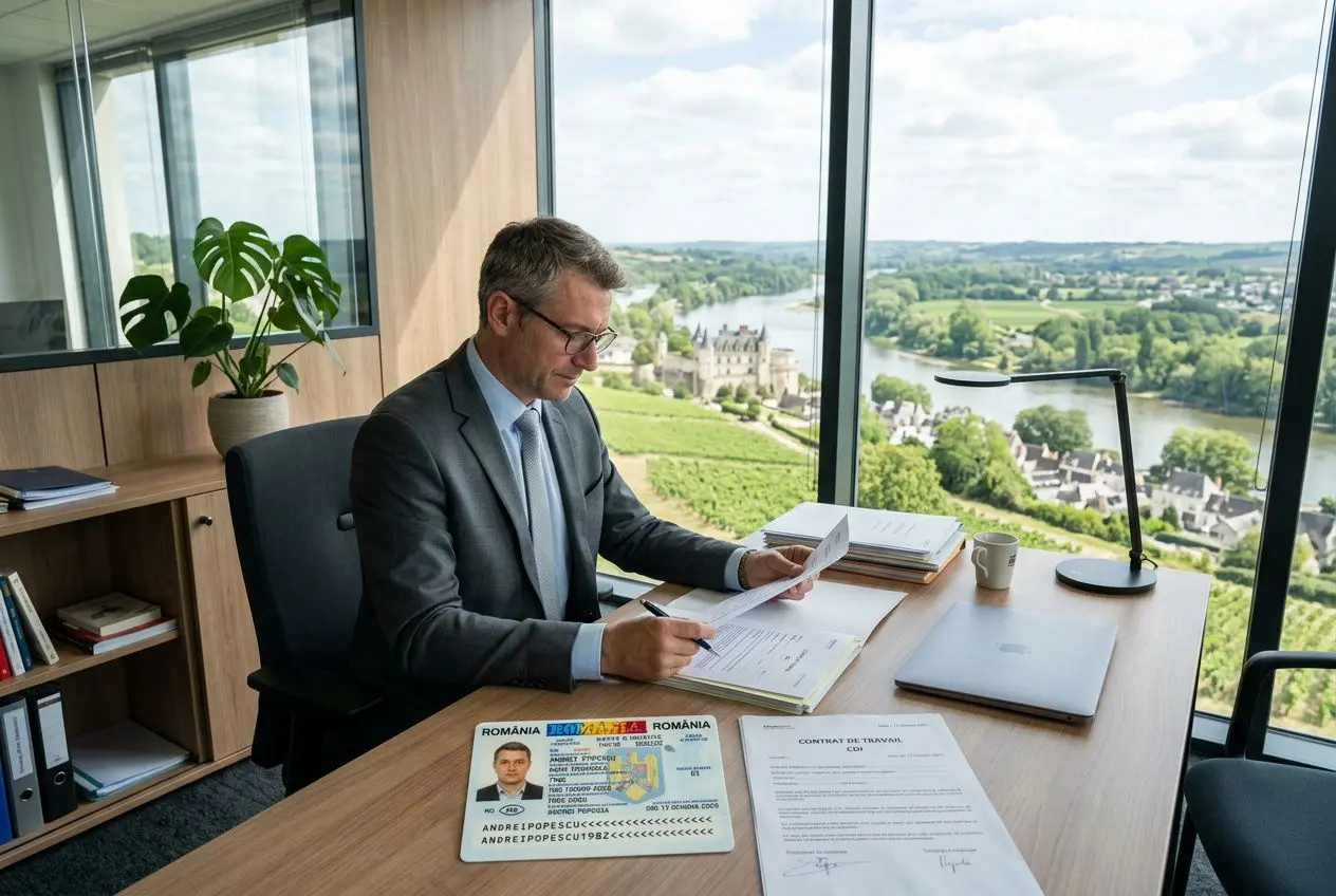 Homme d’affaires assis à son bureau, examinant des documents avec une carte d’identité roumaine sur la table, en grand bureau lumineux.