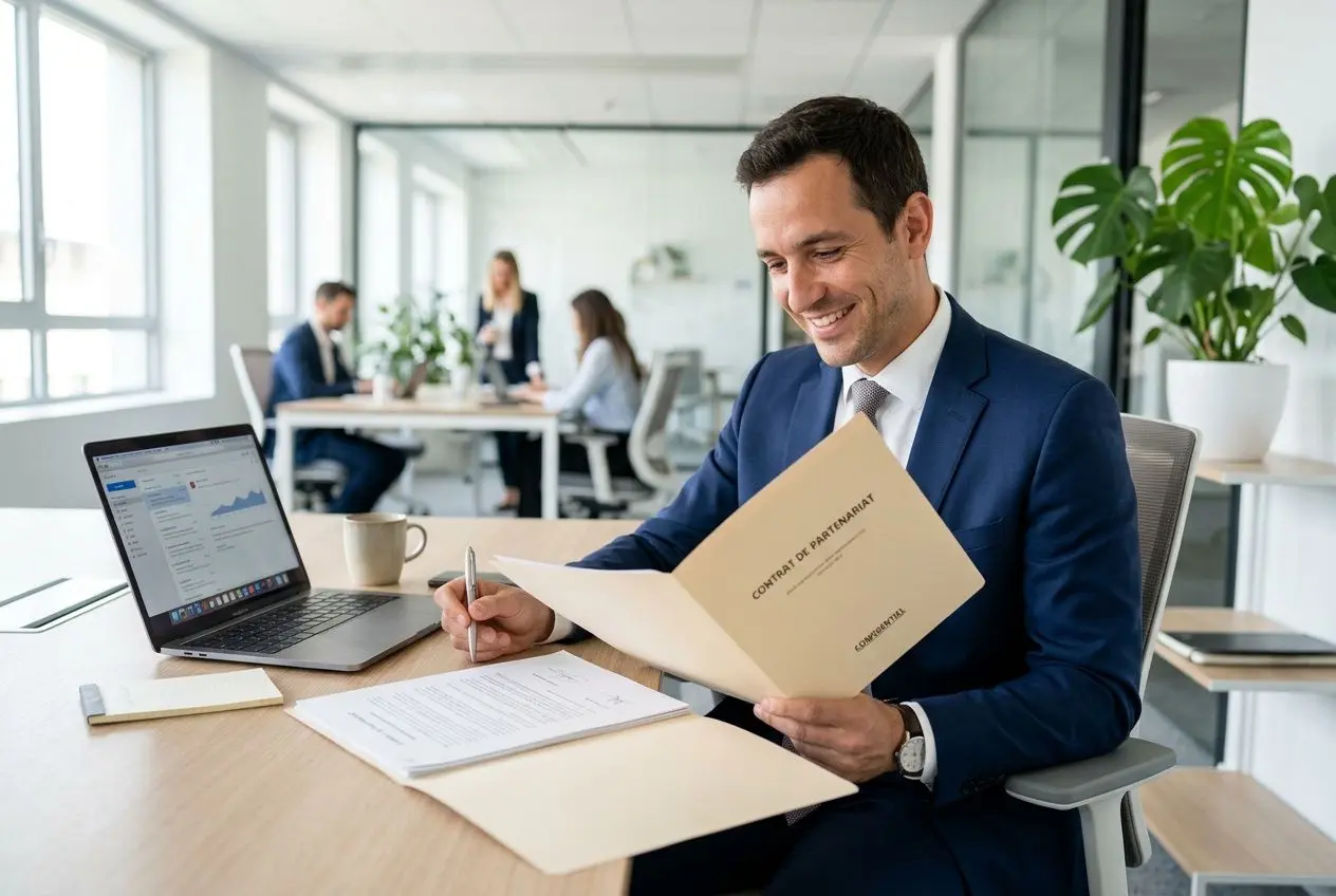 Homme d’affaires en costumes signe un contrat de partenariat à côté d’un ordinateur portable, dans un bureau lumineux. agencée par une agence d intérim comment ça marche.