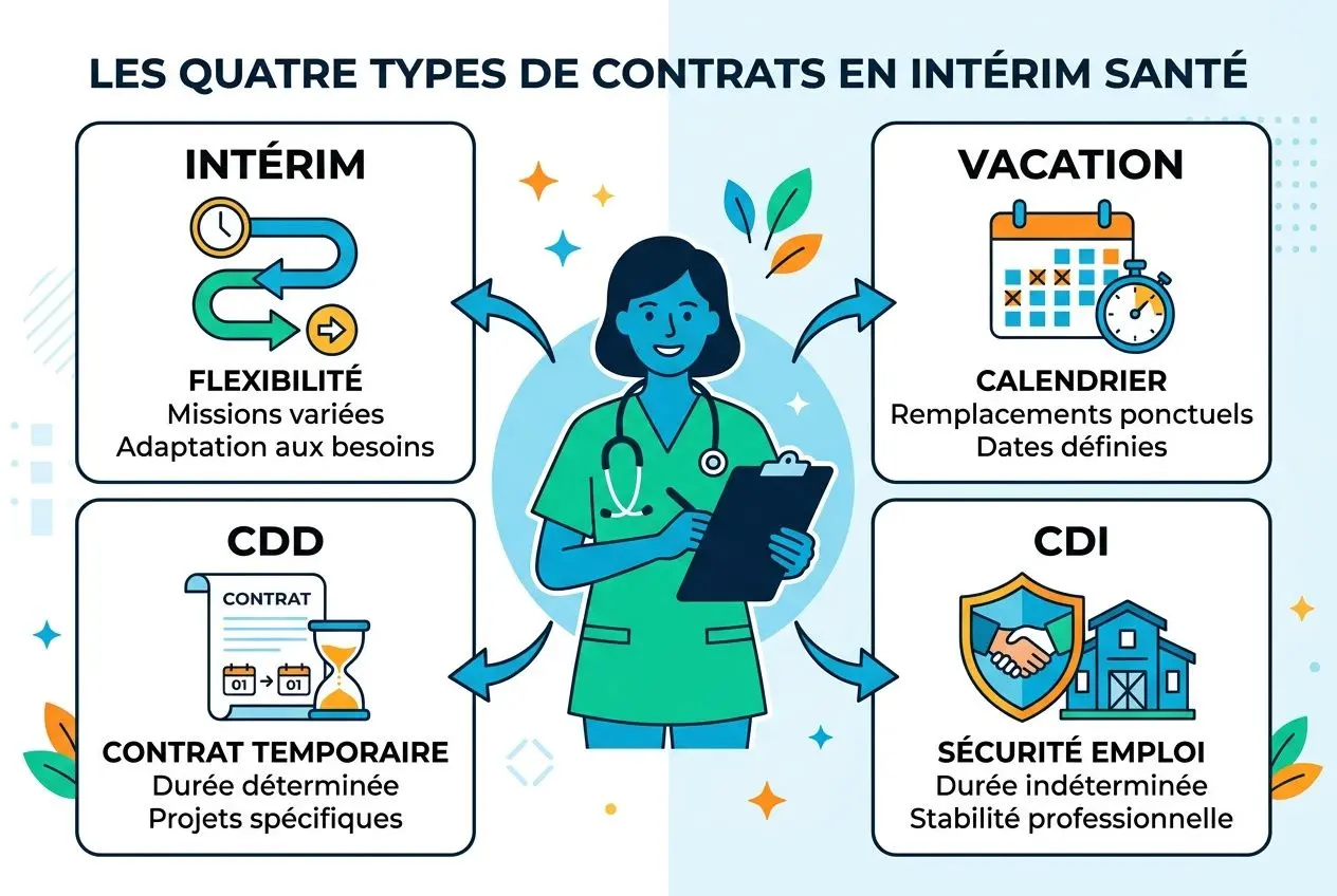 Illustration des quatre types de contrats en intérim santé: intérim, CDD, CDI et vacances, avec une professionnelle au centre et flèches reliant chaque contrat.