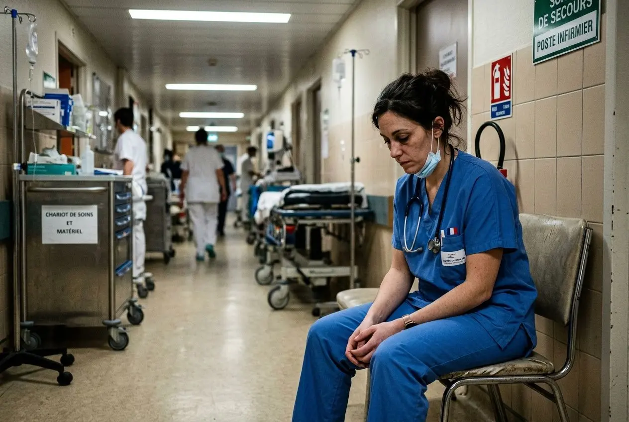 Infirmière en pause dans un couloir d’hôpital, bloc-notes et matériel médical à proximité, pansement prêté et signe d’alerte en arrière-plan. pénurie de main d oeuvre secteur santé.