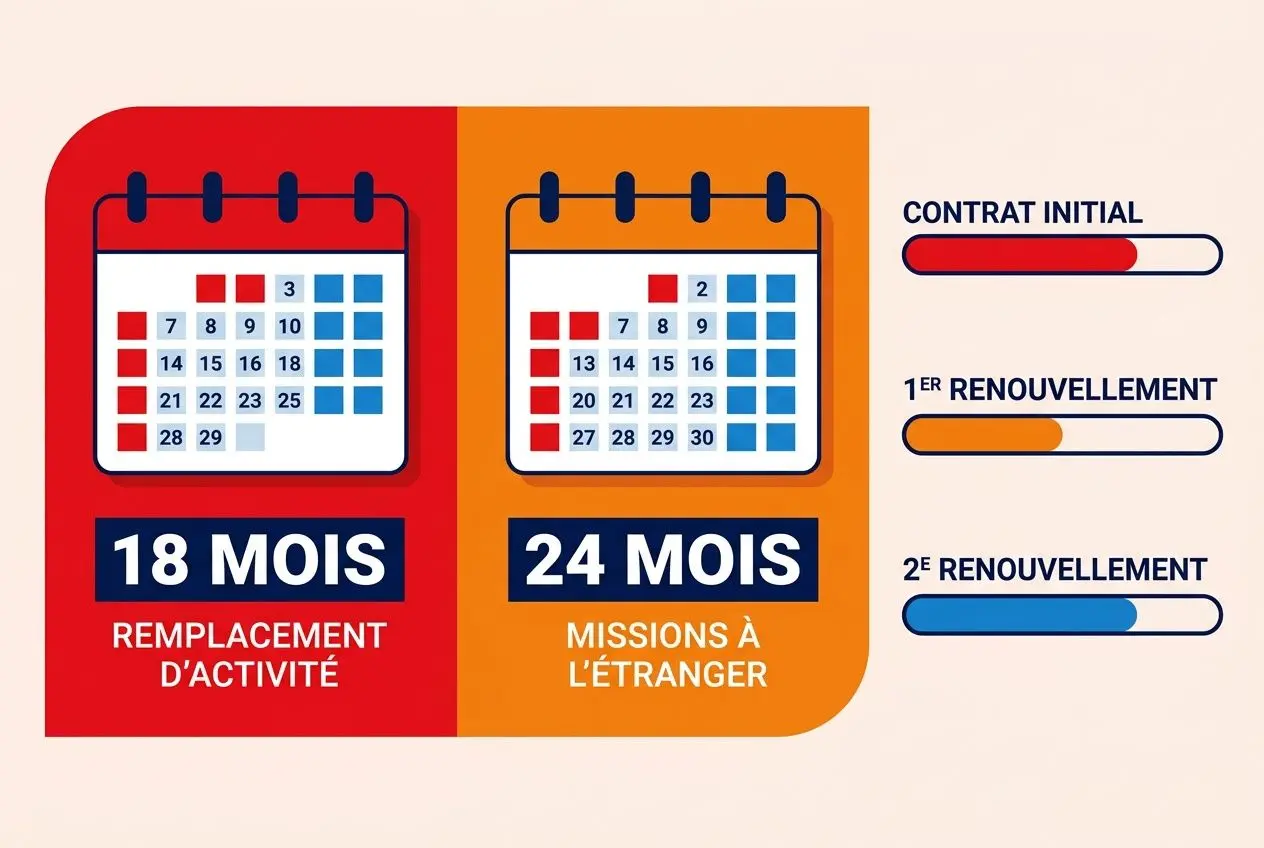 Infographie illustrant l’agence d intérim comment ça marche: deux calendriers mensuels, 18 et 24 mois, projets de remplacement et missions à l étranger, avec notions de contrat initial et renouvellements.