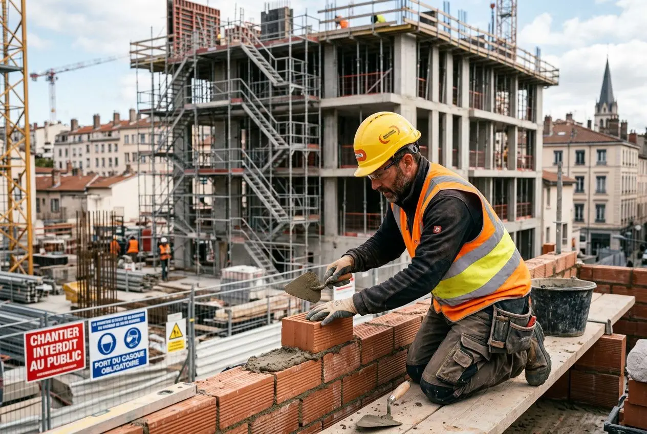 Ouvrier du bâtiment posant une brique sur un chantier en construction, installé en gilet réfléchissant jaune, casque et échafaudage autour. Métier en tension pour la régularisation 2026.