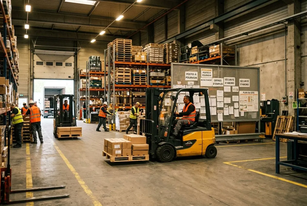 Ouvriers en zone d’entrepôt manipulant des palettes; chariot élévateur en activité dans un grand espace logistique, signes de sécurité affichés. pénurie de main d œuvre en france à souligner.