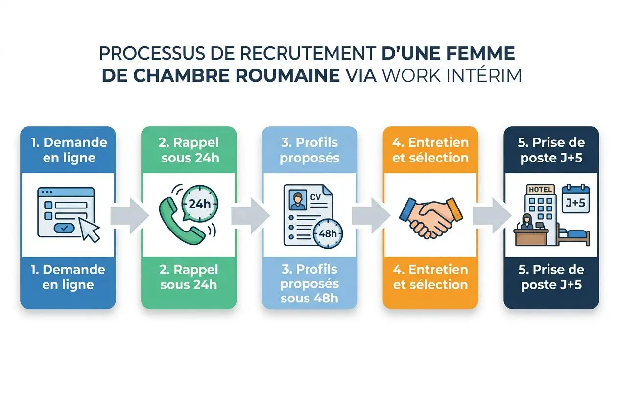 Processus de recrutement d’une femme de chambre roumaine via Work Intérim, montrant demande en ligne, rappels 24h, profils proposés, entretien et sélection, prise de poste.