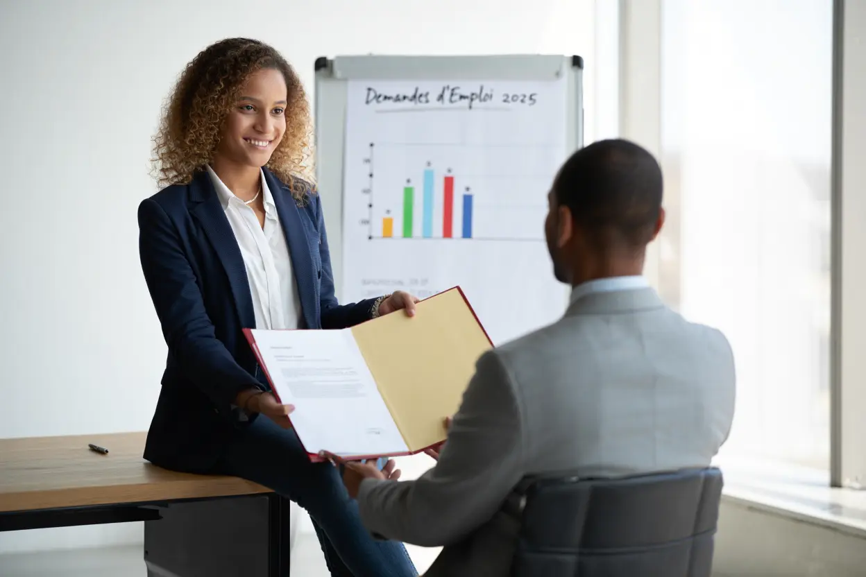 Une professionnelle souriante remet un dossier à un homme en réunion, avec un graphique et le texte « Demandes d’Emploi 2025 » sur un tableau blanc en arrière-plan. les métiers en tension en france 2025.
