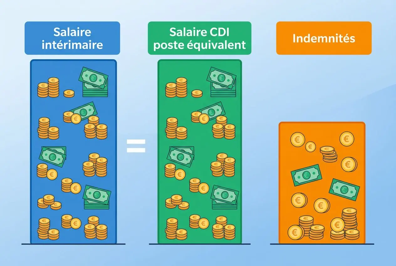 Salaire intérimaire et salaire CDI poste équivalent illustrant que les droits travailleur intérimaire france incluent l’égalité de rémunération et des indemnités.