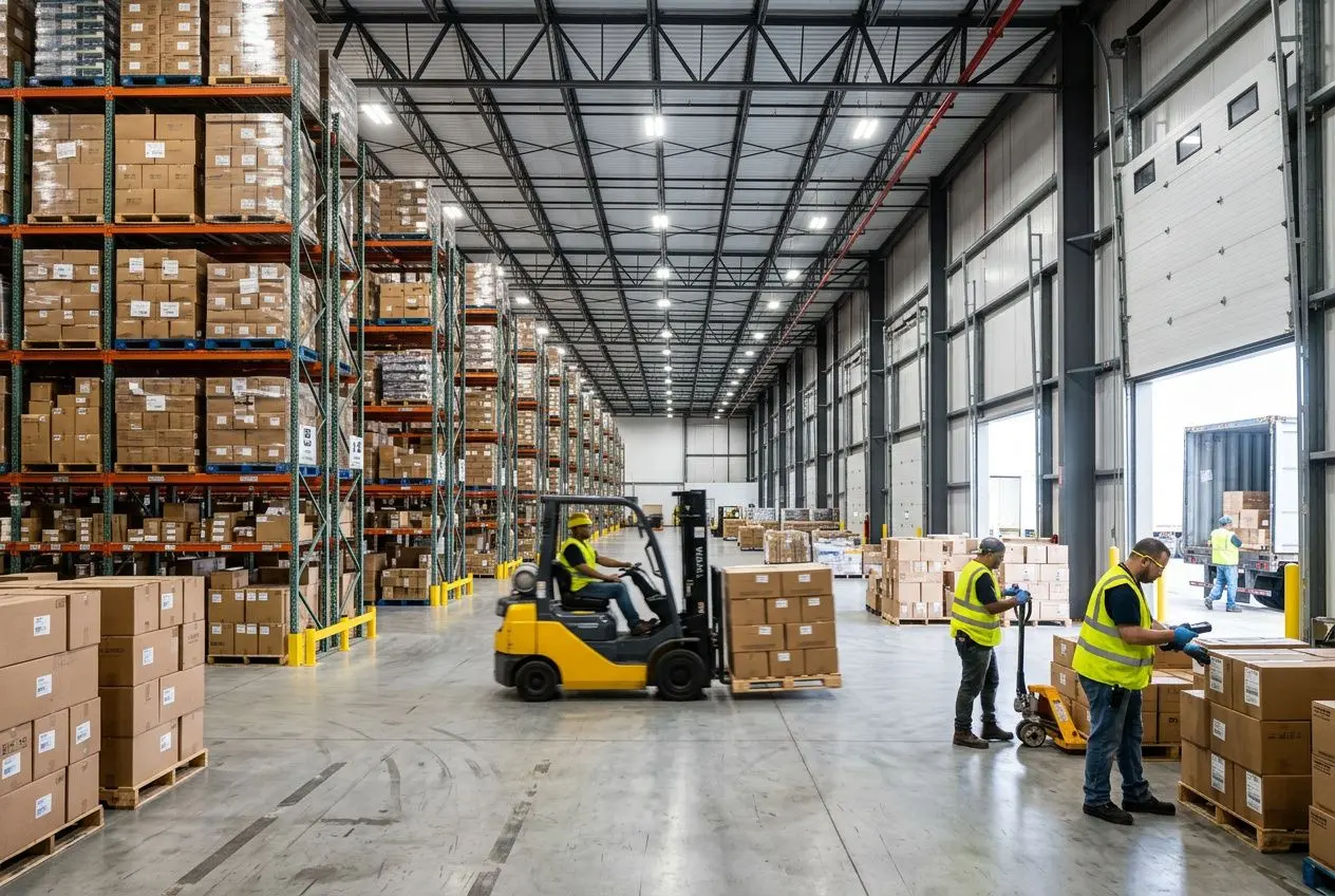 Salle de stockage industrielle: opérateurs en gilet jaune gérant des palettes et chariots dans un grand entrepôt logistique. Offres d'emploi logistique transport.