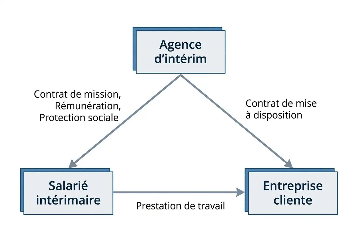 Schéma d’une agence d’intérim: contrat et rémunération entre l’agence et le salarié intérimaire, mission et mise à disposition vers l’entreprise cliente.