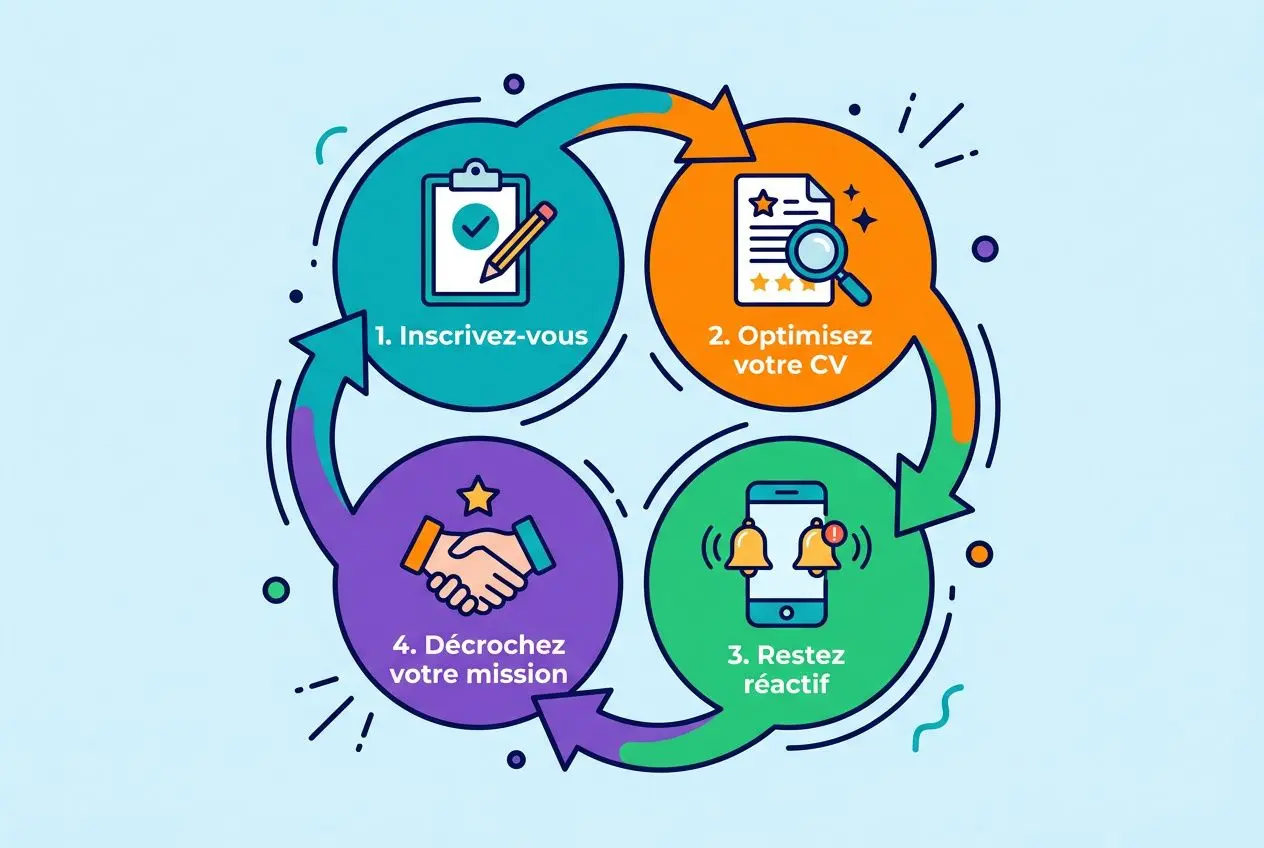 Schéma illustrant un processus en quatre étapes pour trouver un travail en intérim rapidement: s’inscrire, optimiser le CV, rester réactif et décrocher sa mission.