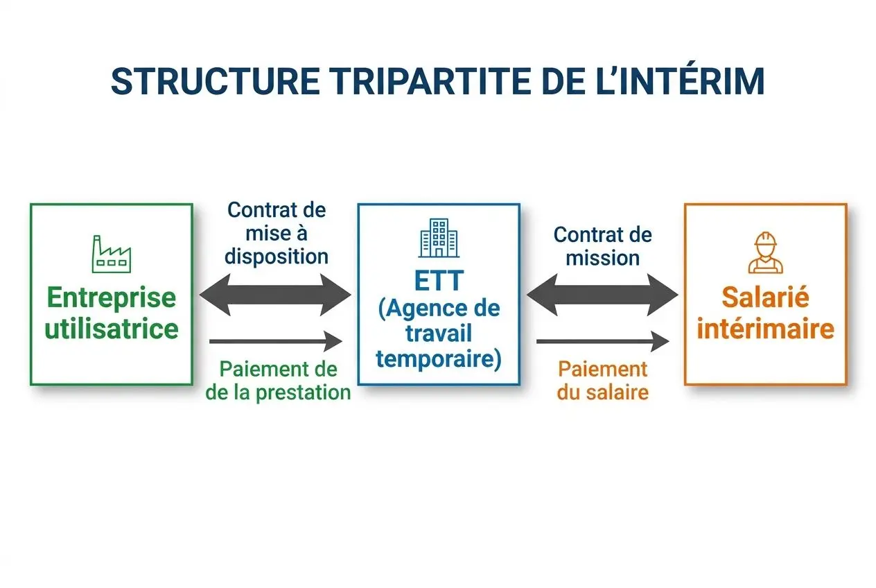 Schéma: Structure tripartite de l’intérim montrant l’entreprise utilisatrice, l’agence d’intérim (ETT) et le salarié intérimaire avec les flux de mise à disposition, paiement et mission. Mot clé intégré: agence d intérim comment ça marche.