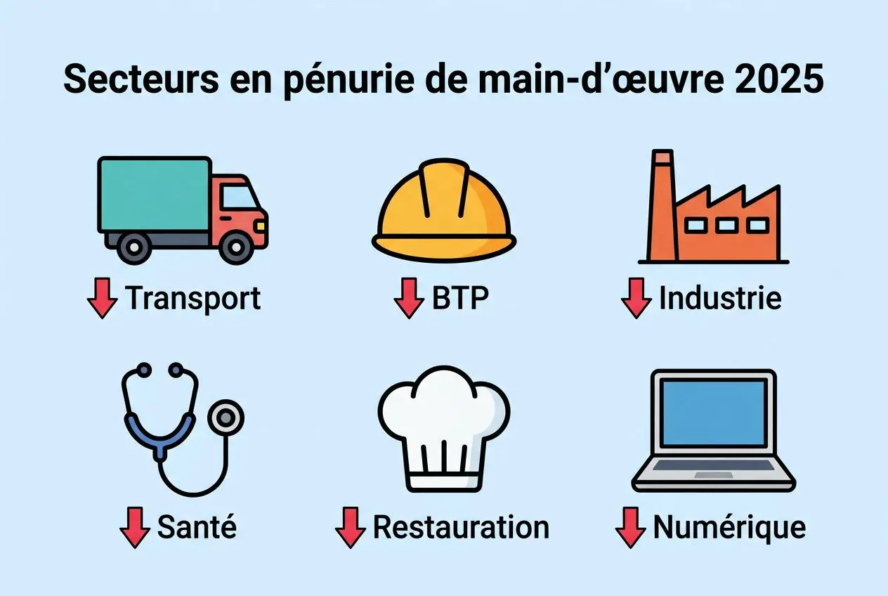 Semaine 2025: illustration des secteurs en pénurie de main-d’œuvre en France, avec Transport, BTP, Industrie, Santé, Restauration et Numérique en baisse. pénurie de main d oeuvre en france