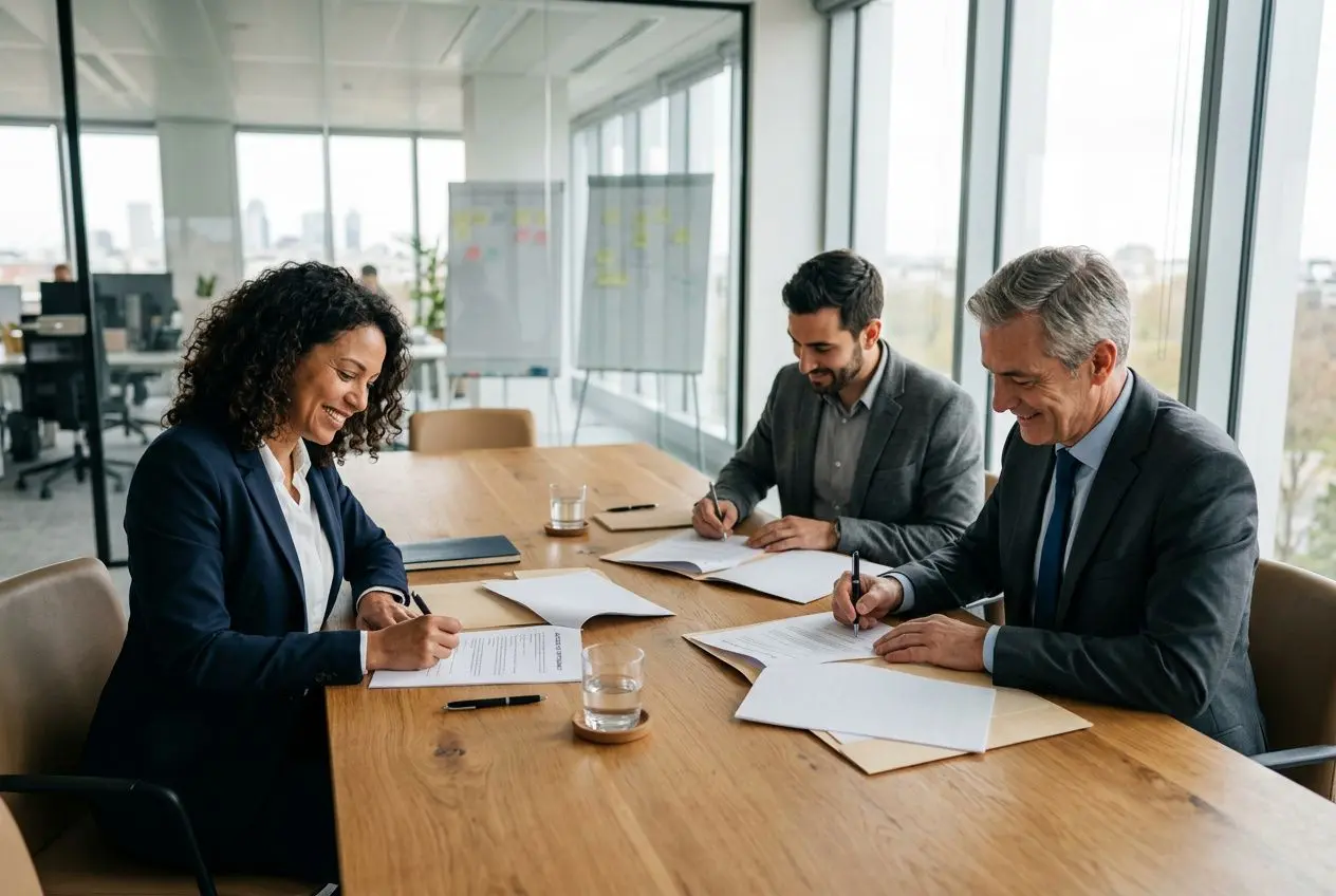 Trois professionnels signent des documents de travail dans une salle de réunion lumineuse, évoquant un contrat de travail temporaire intérim.