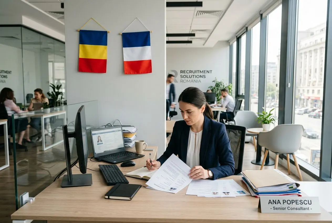 Agence recrutement Roumanie: une agente au bureau trie des documents près d’un ordinateur, avec drapeaux Roumanie et France en arrière-plan.