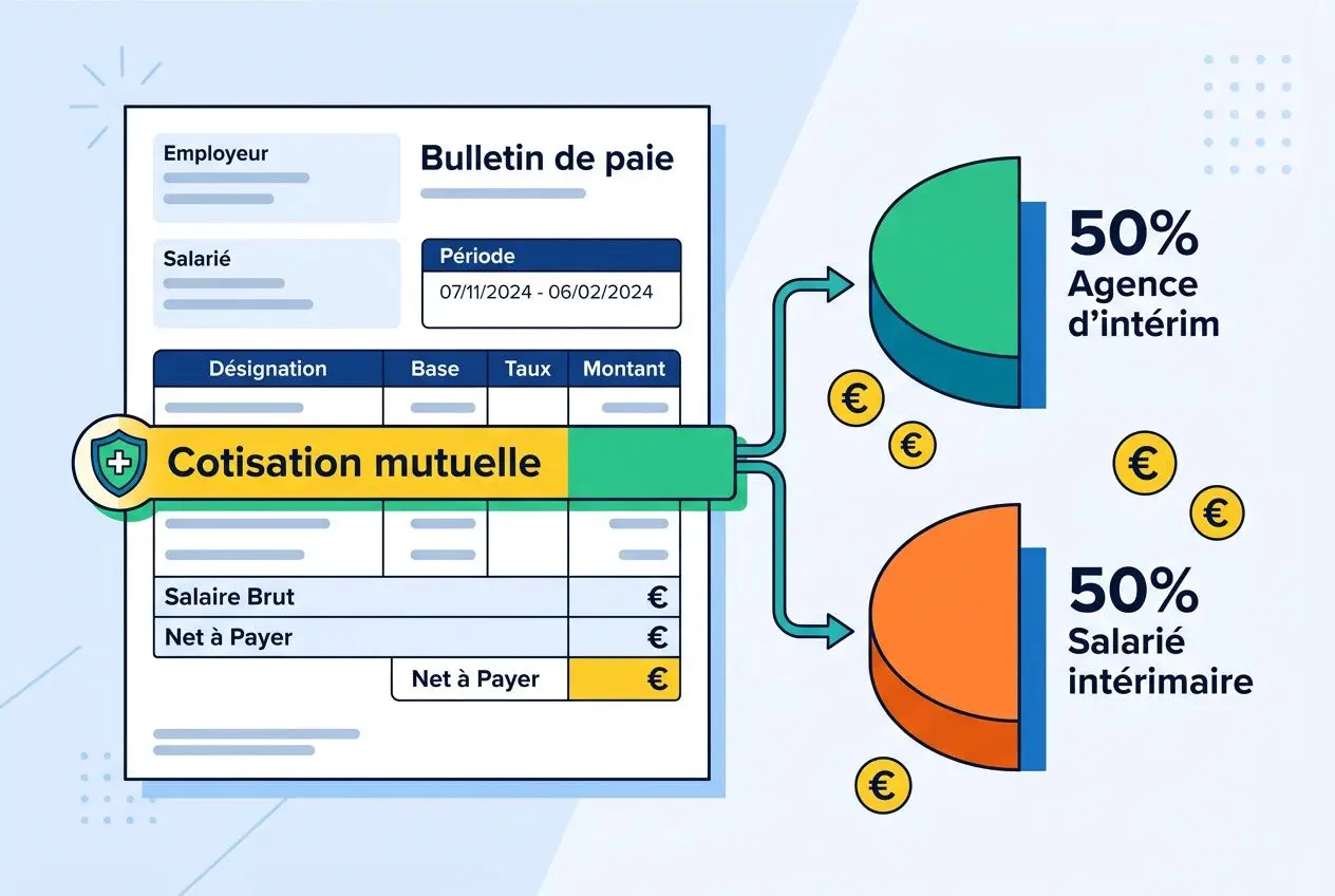 Bulletin de paie avec appliquant cotisation mutuelle et répartition 50/50 entre agence d’intérim et salarié intérimaire, illustration de la complémentaire santé obligatoire pour les intérimaires.