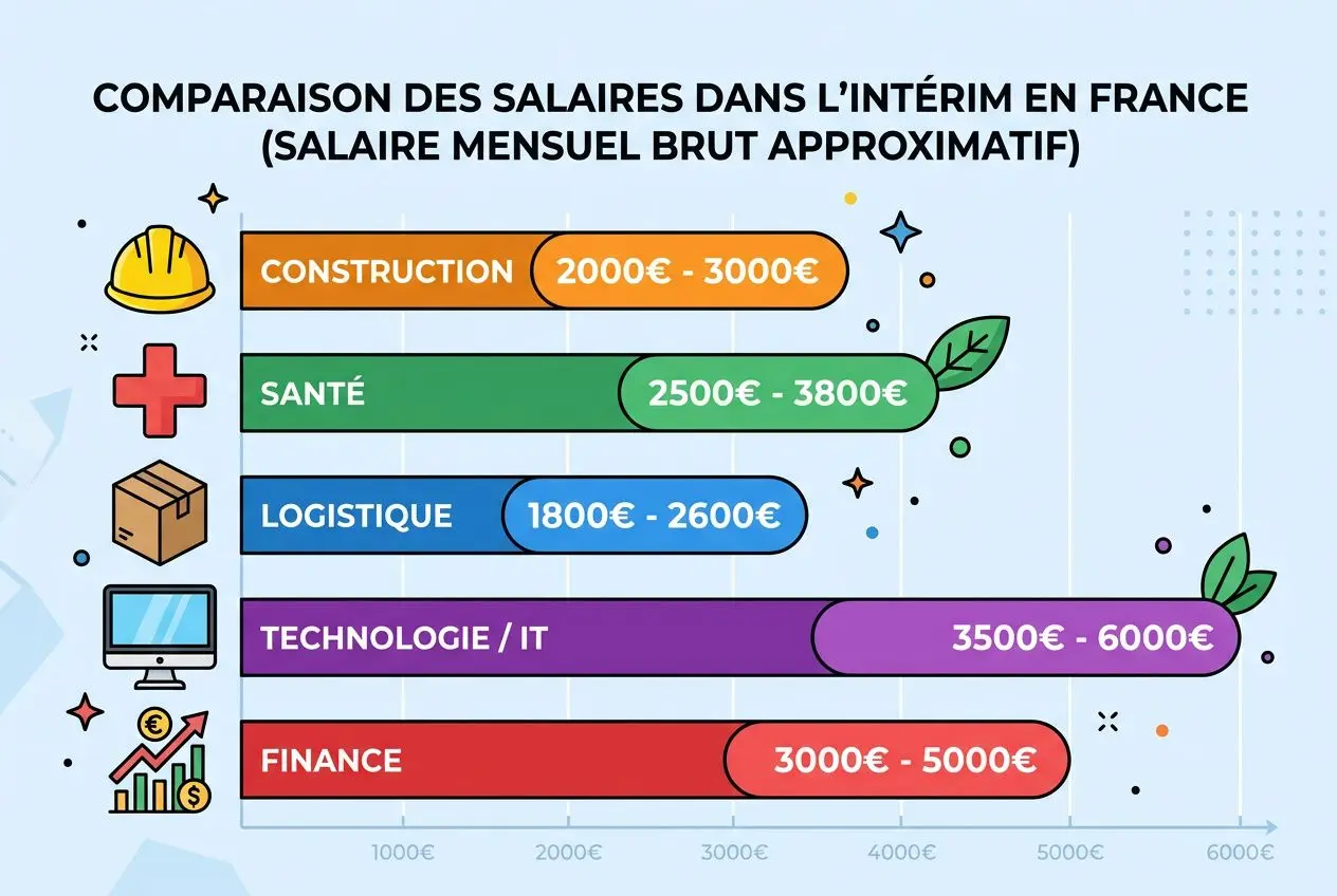 Comparaison des salaires dans l’intérim en France, avec des barres colorées pour Construction, Santé, Logistique, Technologie/IT et Finance, indiquant les fourchettes mensuelles.agrégé par métier. agence d'intérim qui paye le mieux apparaît dans IT (3500€ - 6000€).