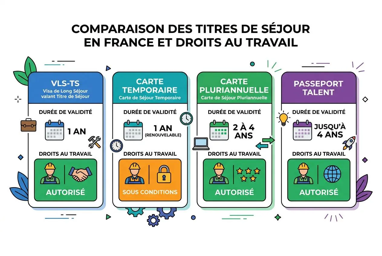 Comparaison des titres de séjour en France et droits au travail pour l’autorisation de travail en france pour les étrangers, illustration colorée des cartes.