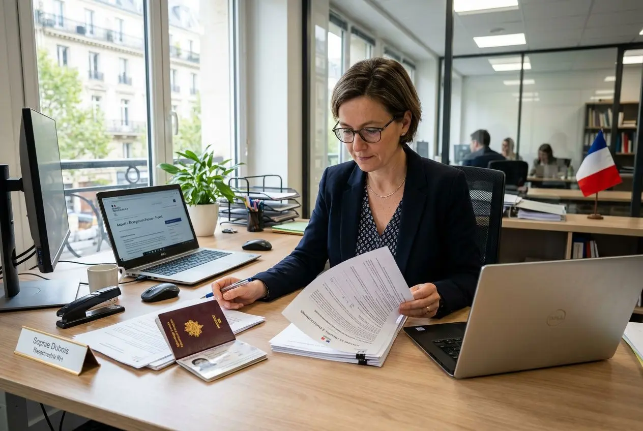 Consultante ou fonctionnaire travaillant sur une demande d'autorisation de travail en France, examinant des documents officiels sur un bureau, avec ordinateur et drapeau français en arrière-plan. Autorisation de travail en france pour les étrangers intégrée naturellement.