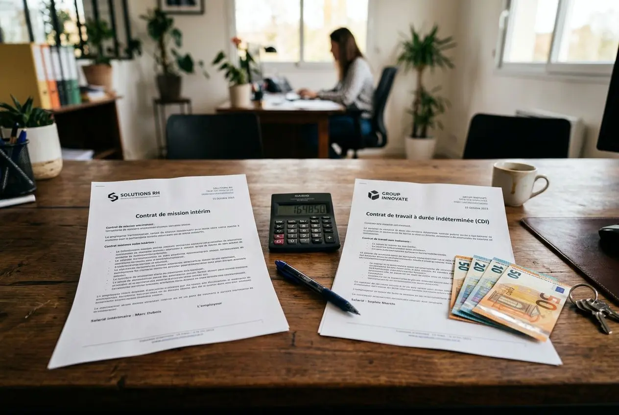 Deux contrats affichés sur une table de bureau: un contrat d’intérim et un CDI indéterminé, avec calculatrice, billets et clé USB, suggérant une comparaison sur la différence entre intérim et CDI.