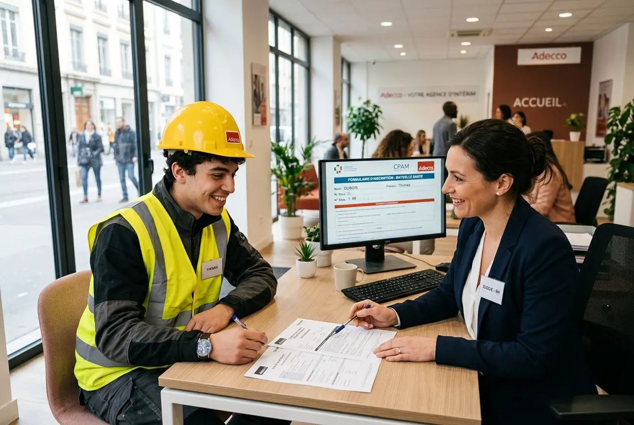 Deux interlocutrices en agence: un intérimaire en gilet jaune et casque discute avec une conseillère derrière un bureau, documents à la main. Alt: complémentaire santé obligatoire pour les intérimaires.