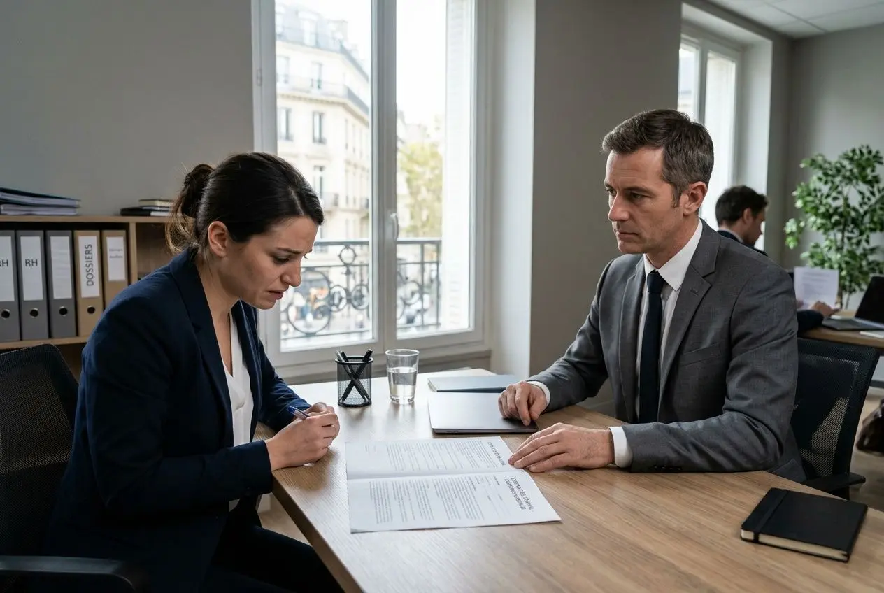 Deux professionnels en réunion signent un document sur un bureau, discutant d’un travail sans contrat devenu CDI.