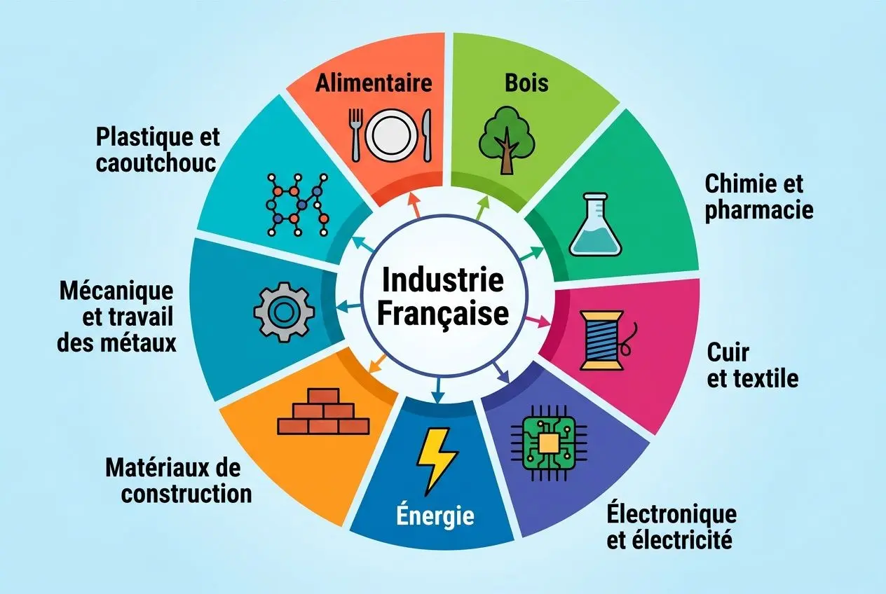 Diagramme circulaire « Industrie Française » présentant les secteurs: Alimentaire, Bois, Chimie et pharmacie, Cuir et textile, Électronique et électricité, Énergie, Matériaux de construction, Mécanique et travail des métaux, Plastique et caoutchouc. recrutement industrie manufacture france