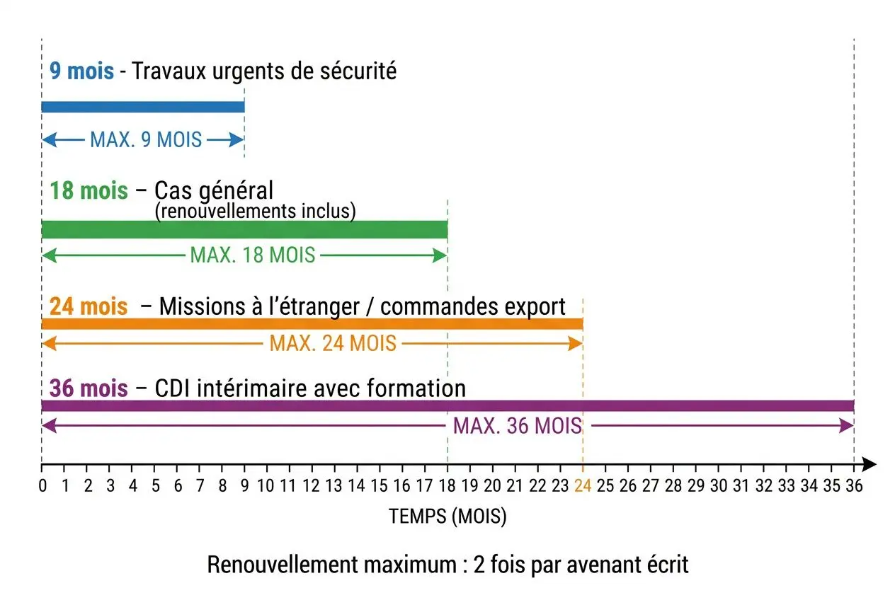Diagramme illustrant les durées maximales des contrats en intérim et leur renouvellement possible, avec les périodes 9, 18, 24 et 36 mois et les indications « temps (mois) ». Intègre le sujet : comment fonctionnent les contrats en intérim.