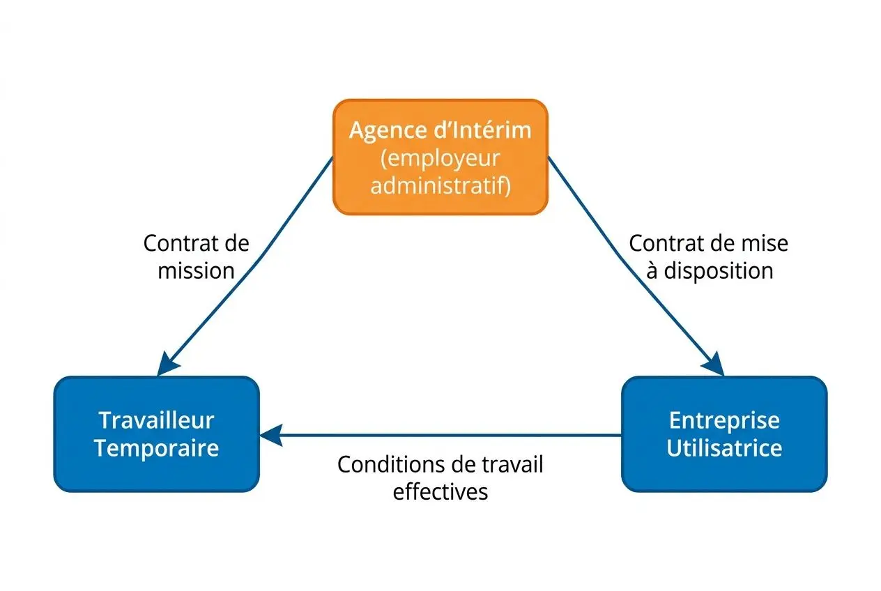 Diagramme illustrant les flux entre Agence d’Intérim, Travailleur Temporaire et Entreprise Utilisatrice, montrant les contrats et conditions de travail.