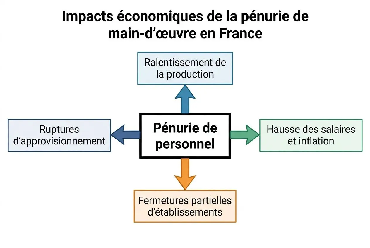 Diagramme sur les impacts économiques de la pénurie de main-d’œuvre en France, montrant des effets comme fermeture partielle d’établissements et ralentissement de la production. p enurie de main-d'œuvre en france.